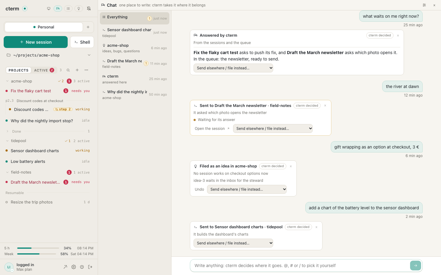 The master chat: each message with a card saying where it went, answered, waiting or filed.