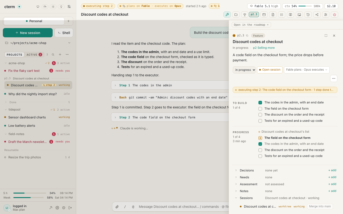 A task session planning on one model and executing on another, step 2 under way, with its task's card and live to-do list beside it.